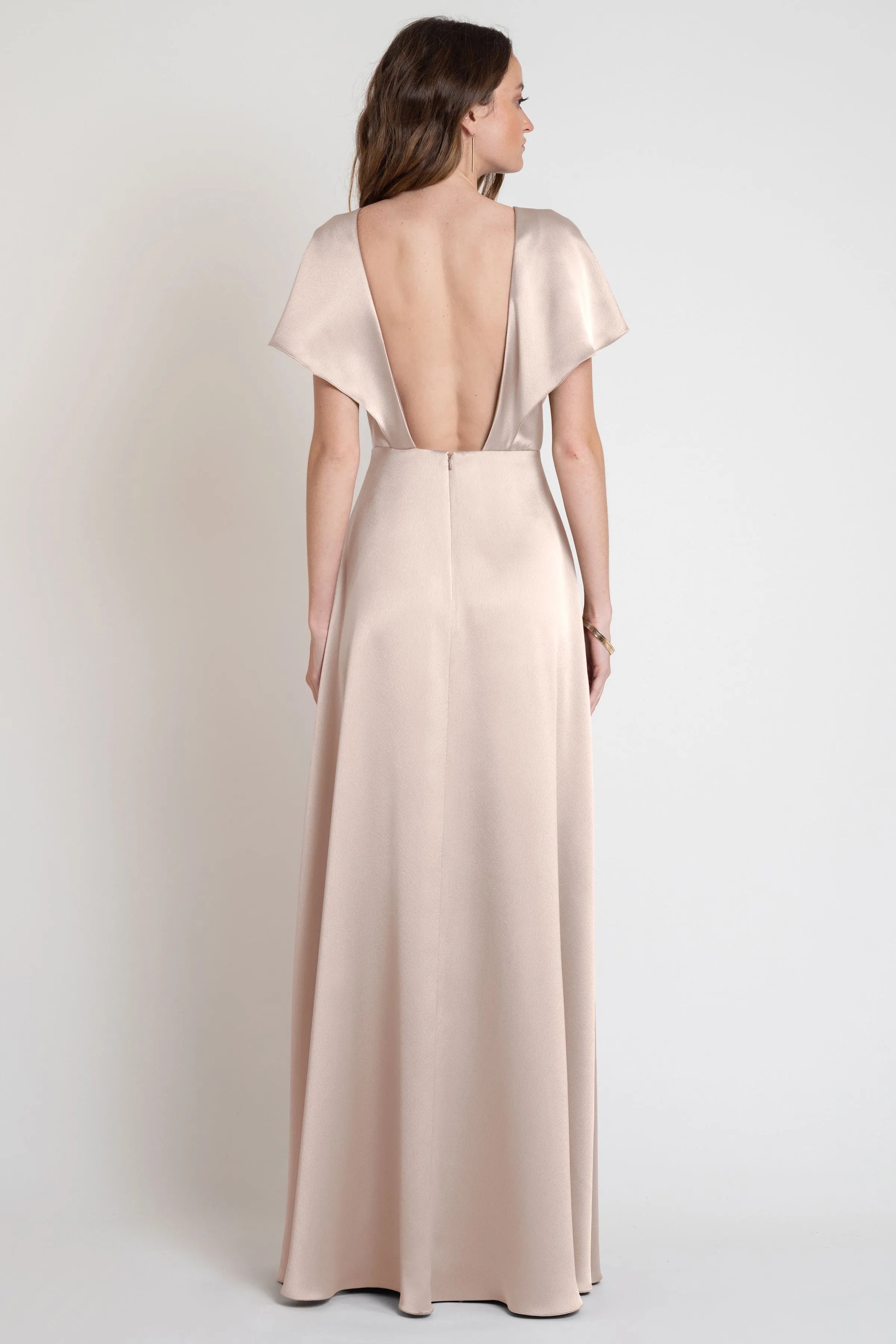 A line Slit Flutter Sleeve Satin Beautiful Floor Length Prom Dresses Backless Simple V Neck Prom Dresses for Women